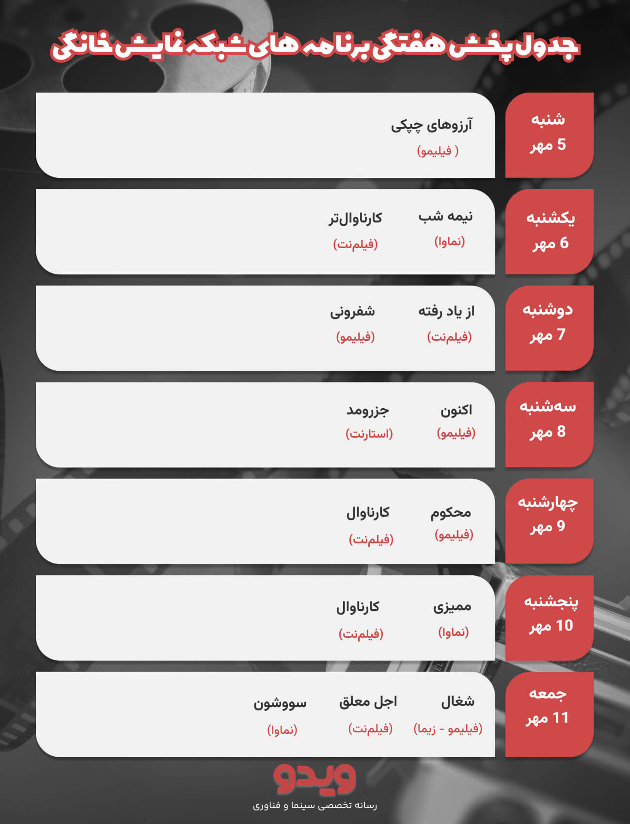 جدول پخش سریال های نمایش خانگی جدید | آپدیت مهر 1404